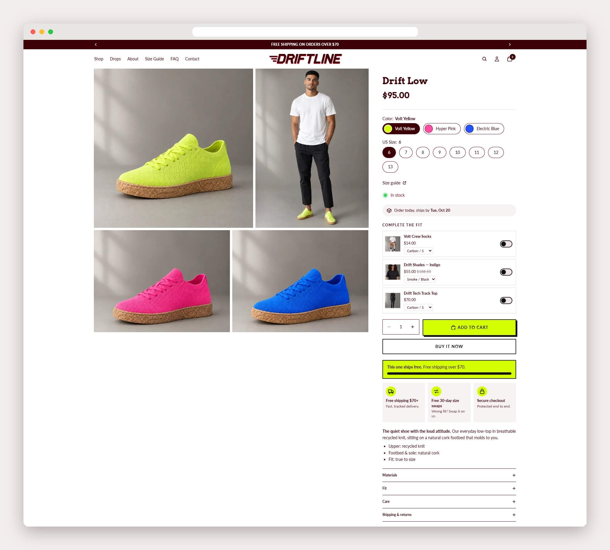 Drift Low buy box with colour and size pickers, stock status, ships-by date, add-on toggles and add to cart