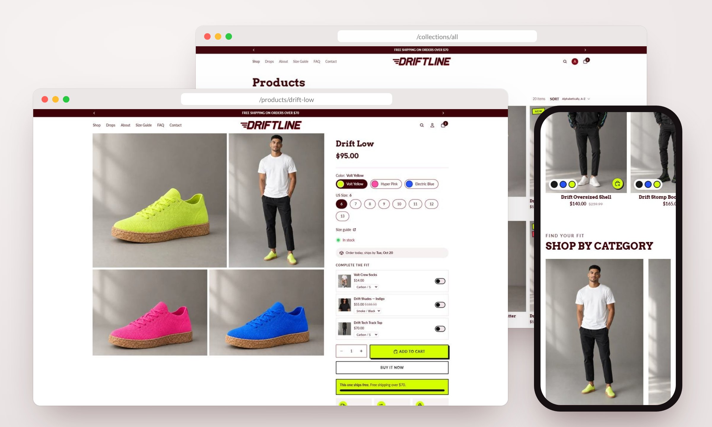 Driftline product page and collection page in desktop browsers, with the mobile homepage on a phone