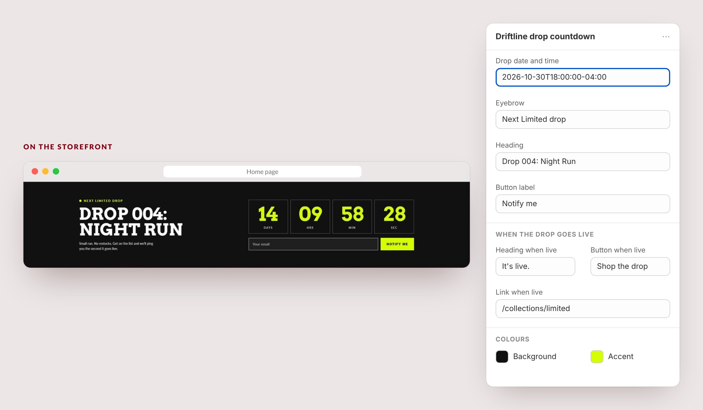 The drop countdown section on the homepage next to its theme editor settings