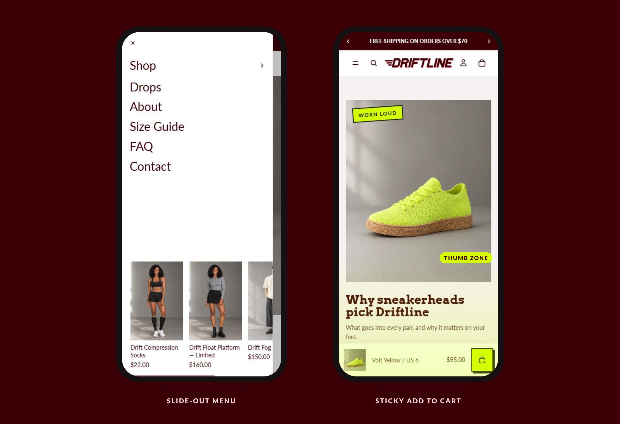 Two phone screens: the slide-out menu open, and a product page with the sticky add-to-cart bar
