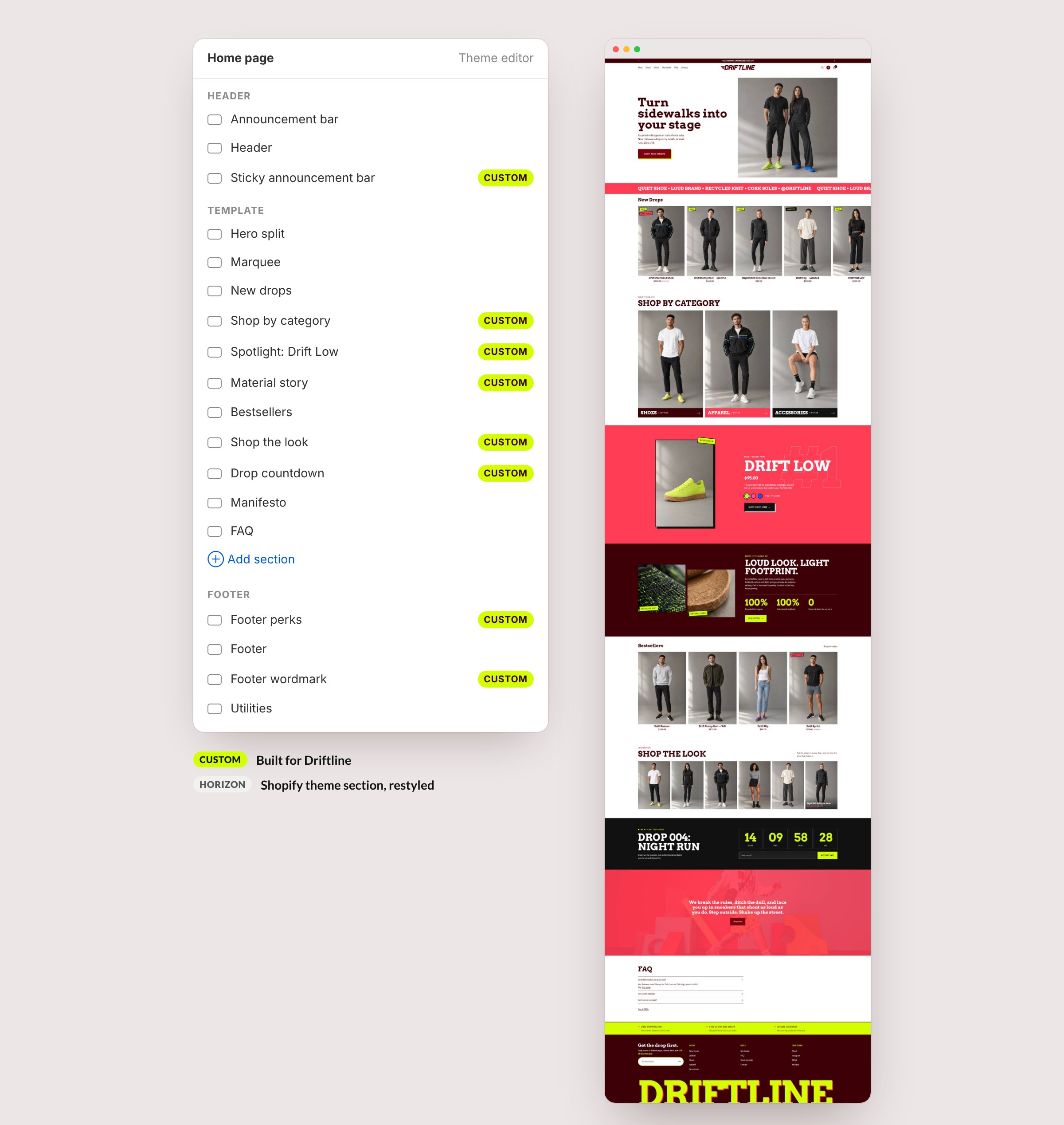 Theme editor section list for the homepage, with Driftline's custom sections tagged, next to the full homepage