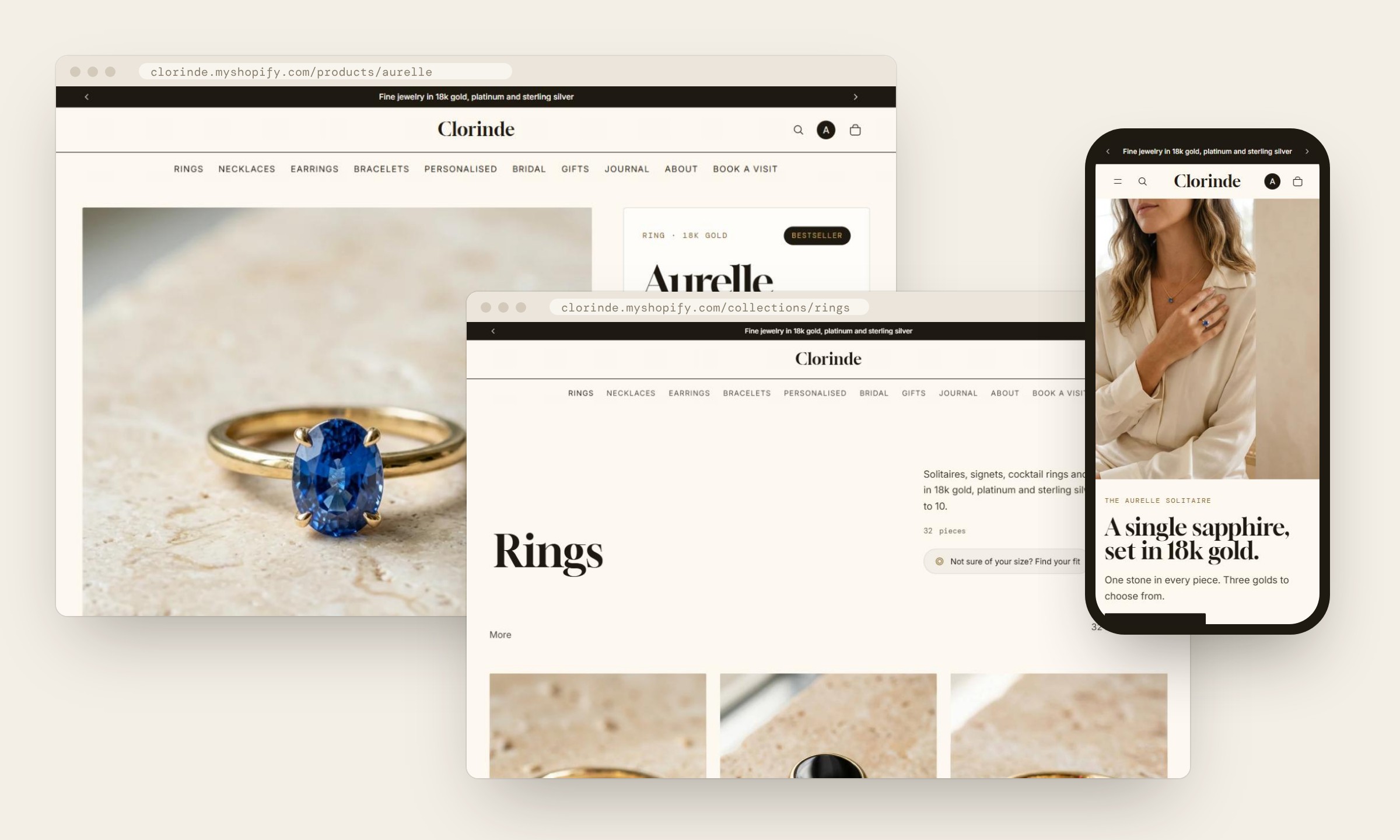 Clorinde product page and collection page in desktop browsers, with the mobile homepage on a phone