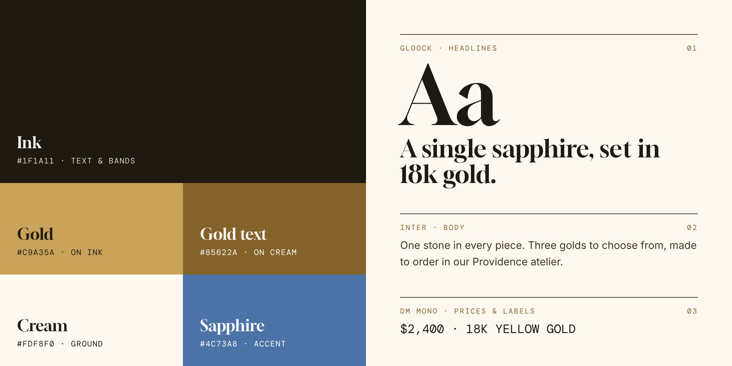 Clorinde brand strip: ink, cream, gold and sapphire swatches beside the Gloock, Inter and DM Mono typefaces
