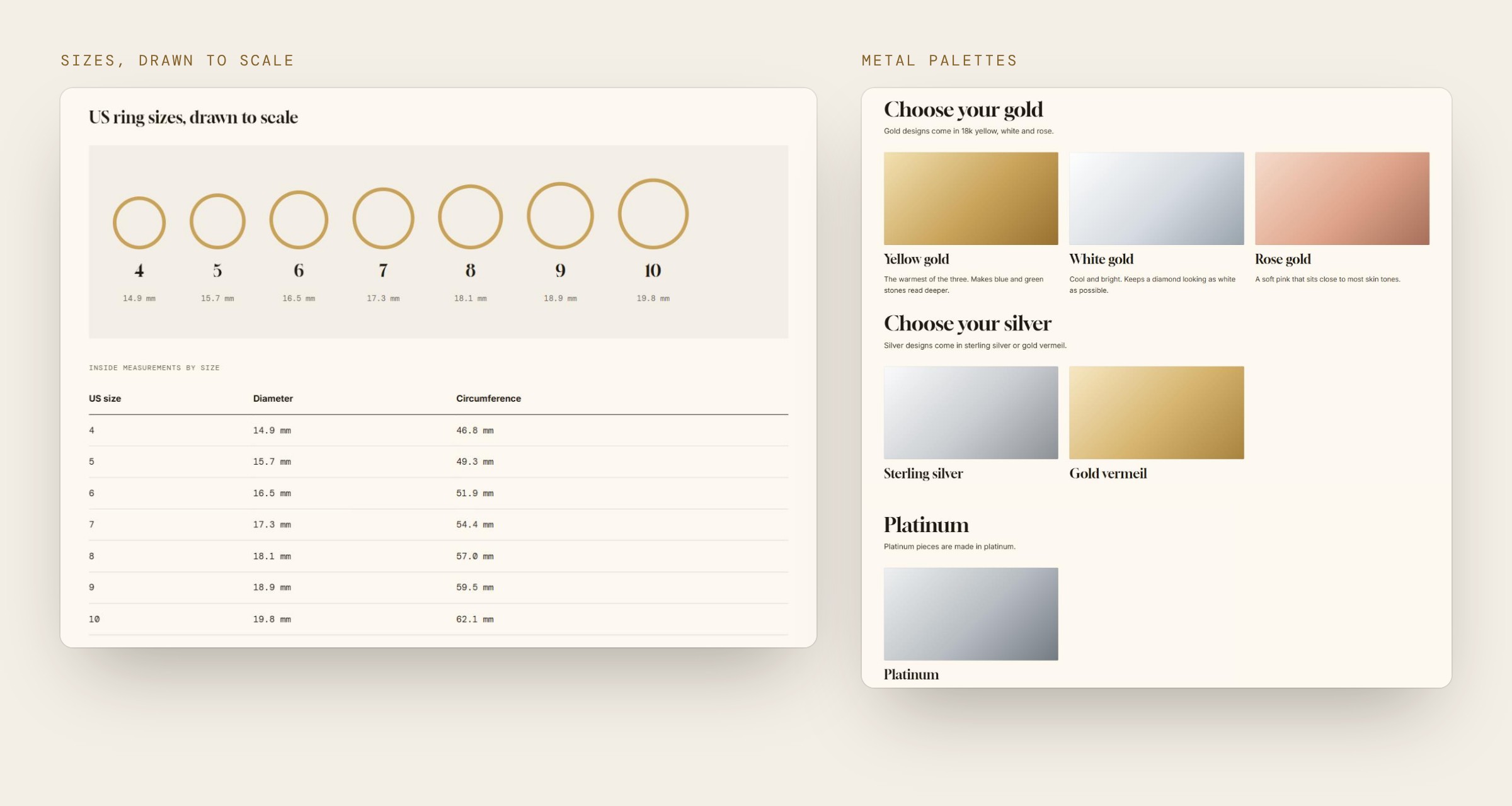 Find your fit page with ring outlines, the size table and the gold, silver and platinum metal palettes
