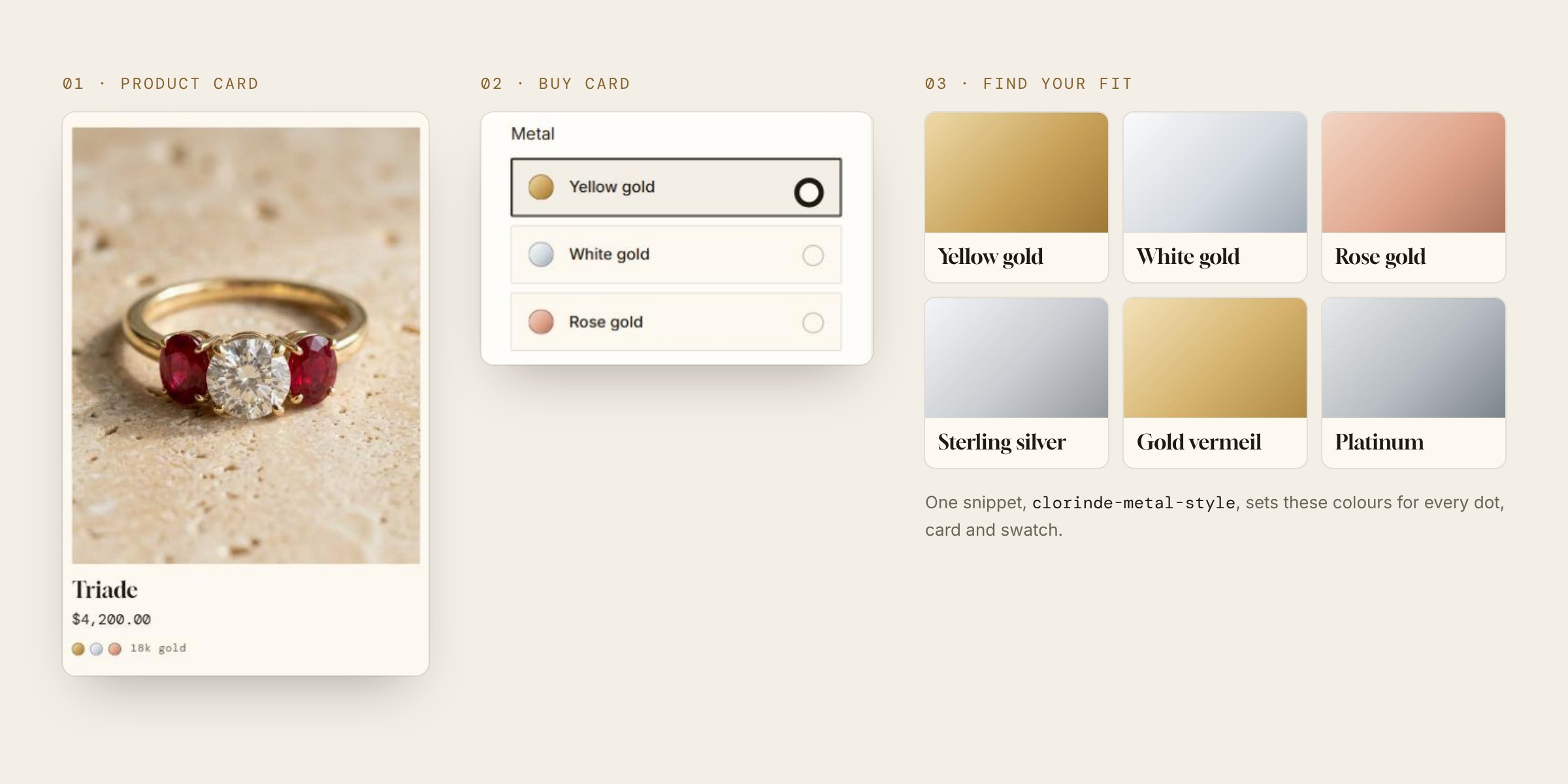 The same six metal colours shown as dots on a product card, cards in the buy box and swatches in the fit guide