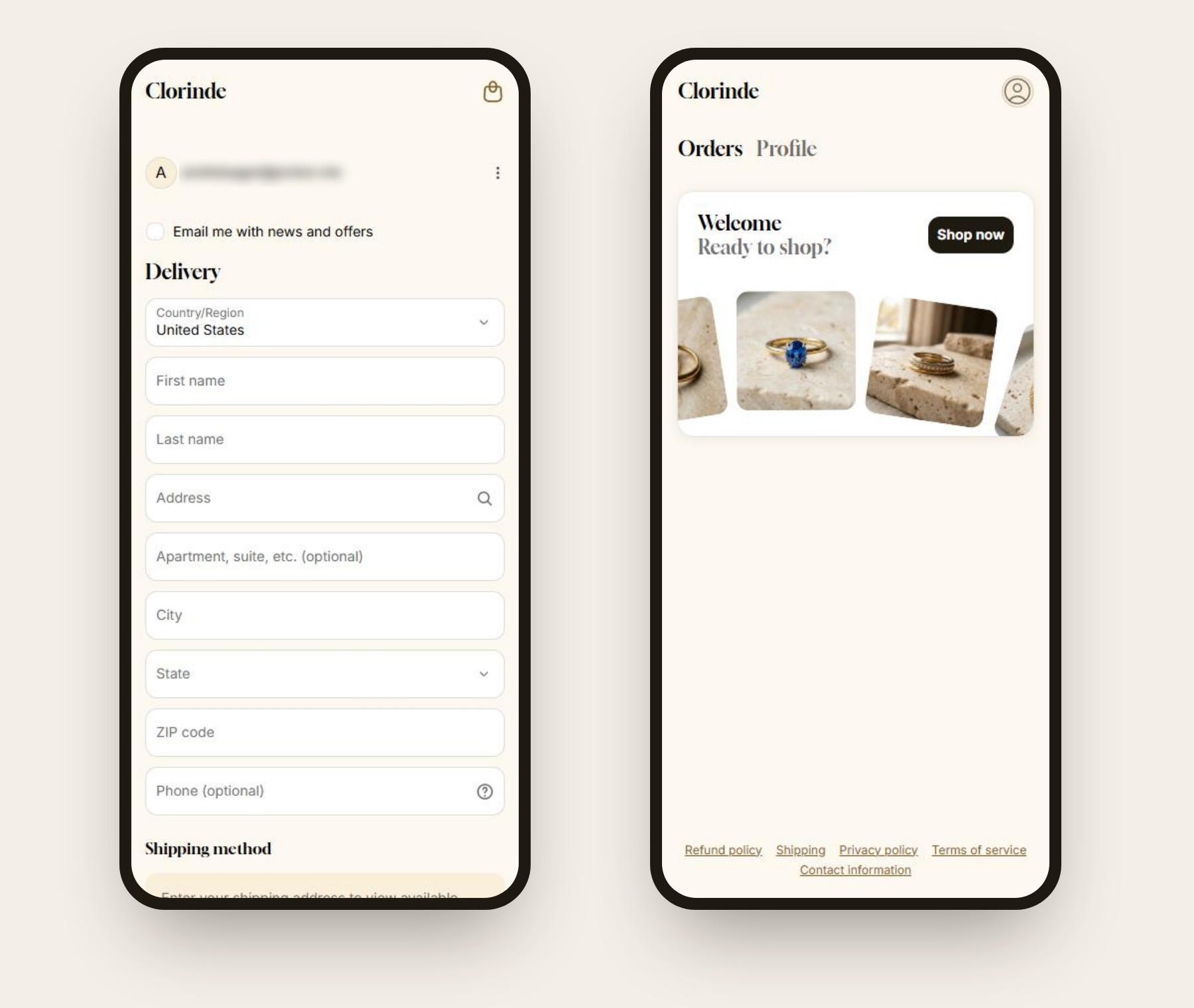 Two phone screens: the branded checkout and the customer account sign-in page