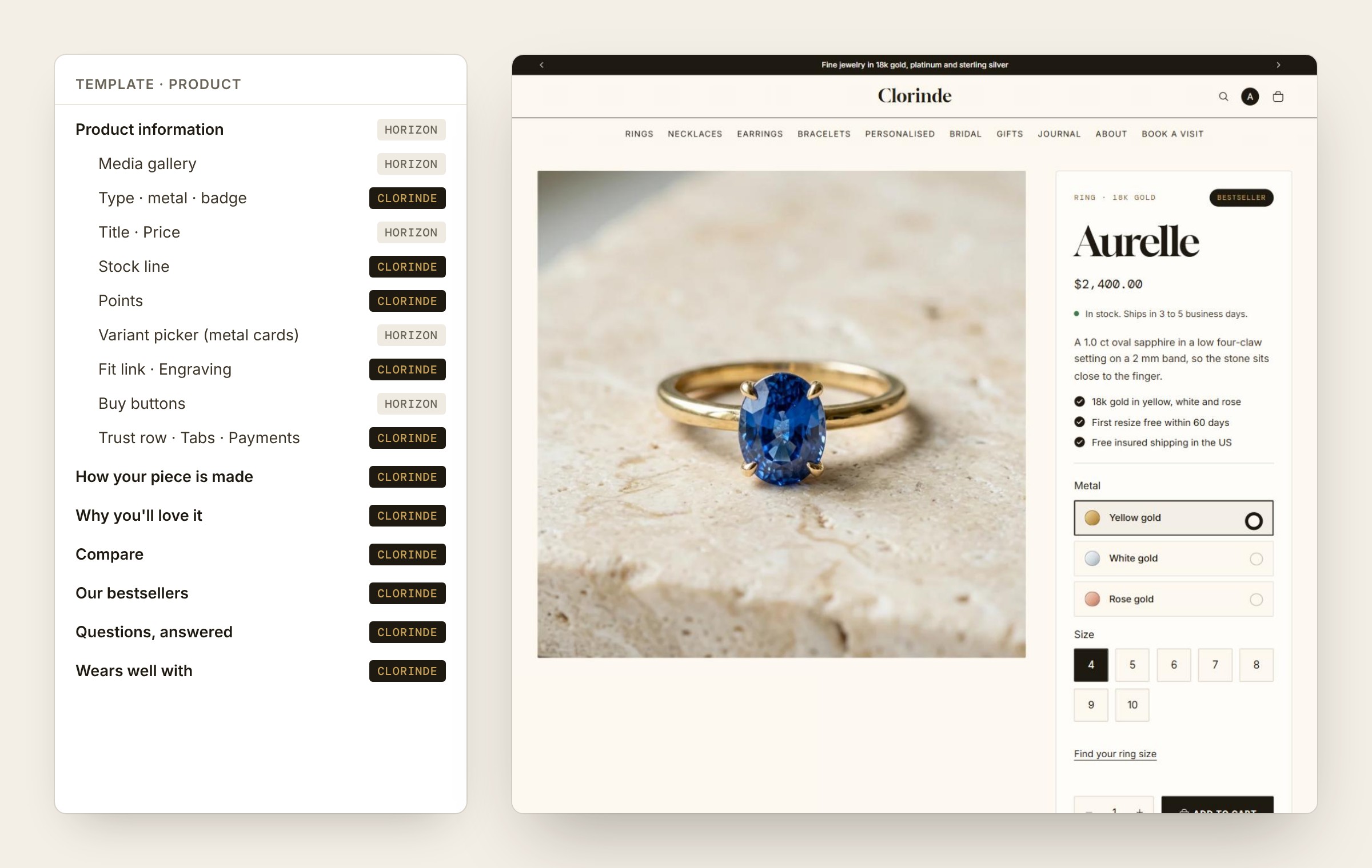 Theme editor section list for the product page, with Clorinde's custom sections tagged, next to the full product page