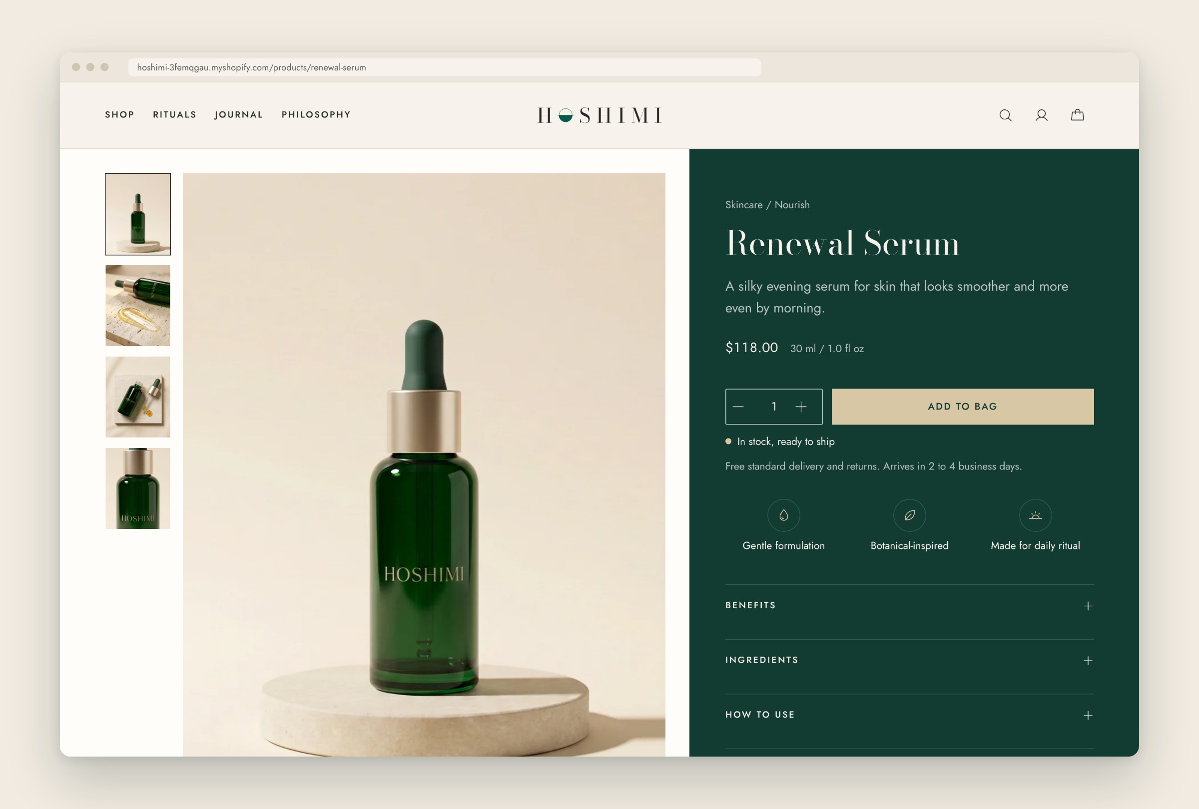 Renewal Serum buy box with ritual step, benefits, size, texture and add to bag