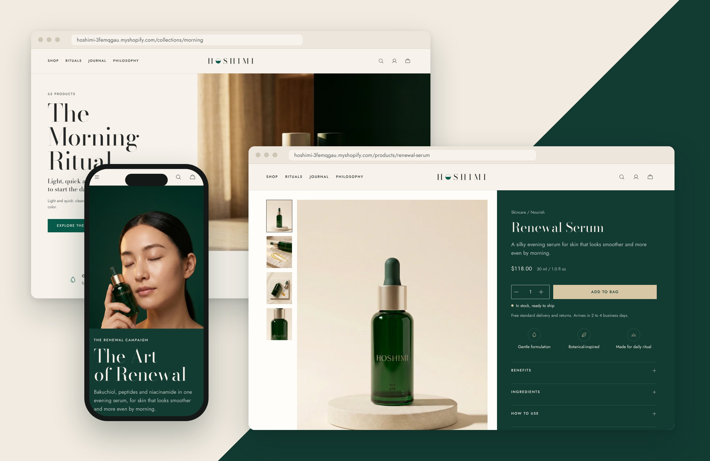 Hoshimi product page and collection page in desktop browsers, with the mobile homepage on a phone