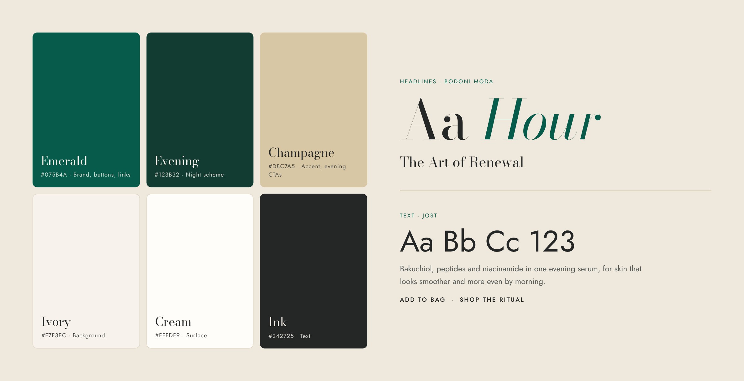 Hoshimi brand strip: emerald and neutral swatches beside the brand typefaces