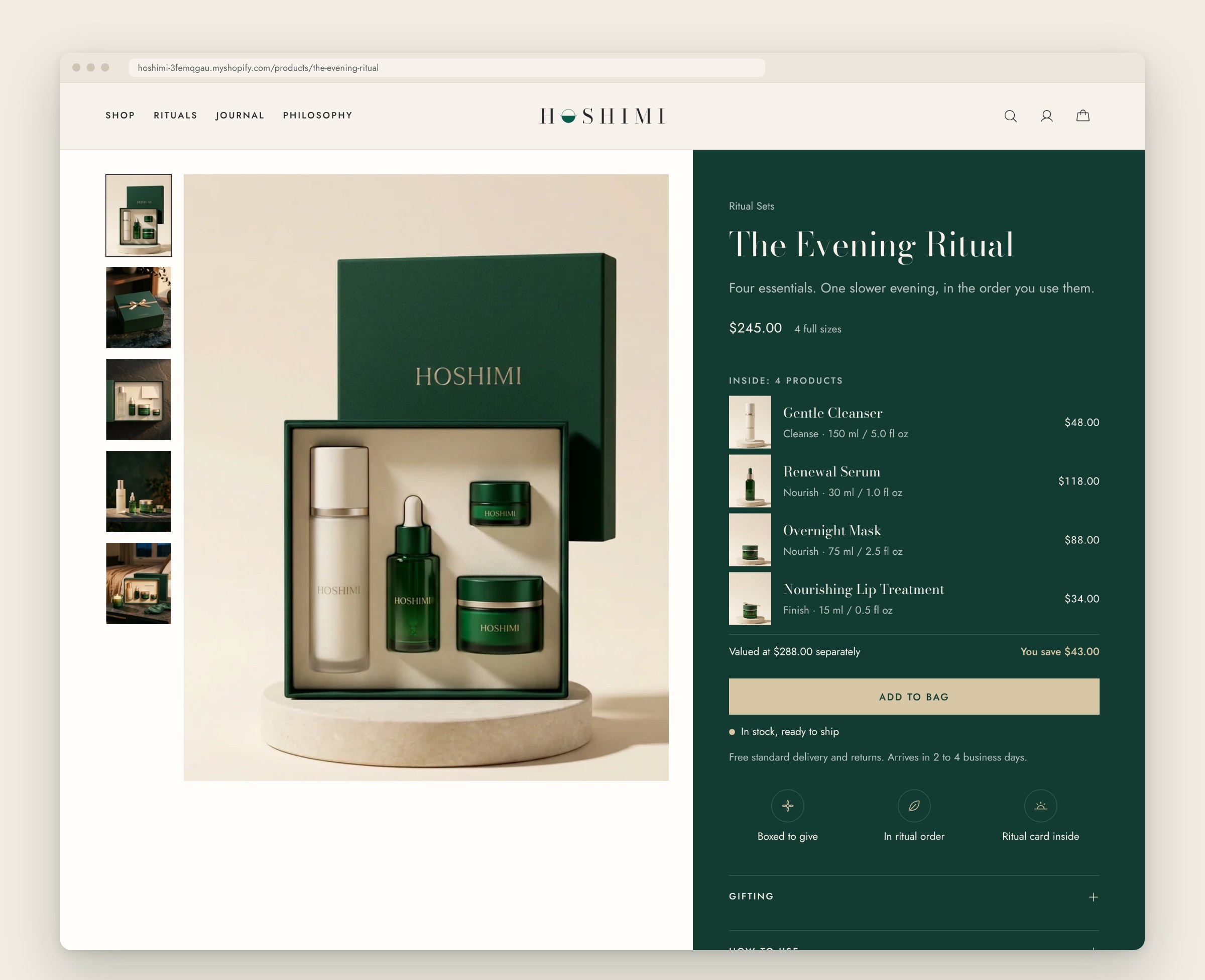 The Evening Ritual set page showing its contents and the value saved