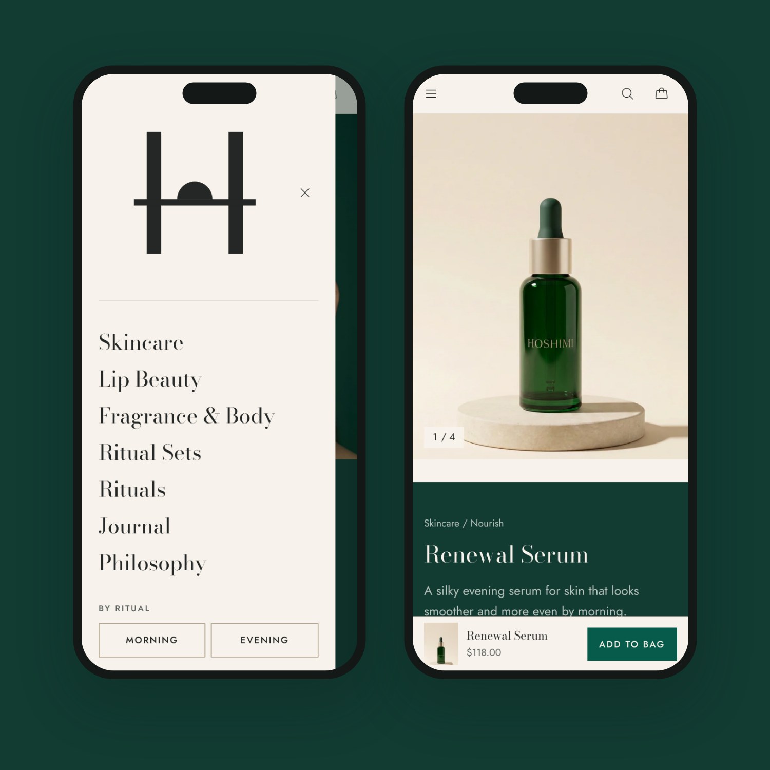 Two phone screens: the slide-out menu open, and a product page with add to bag in reach